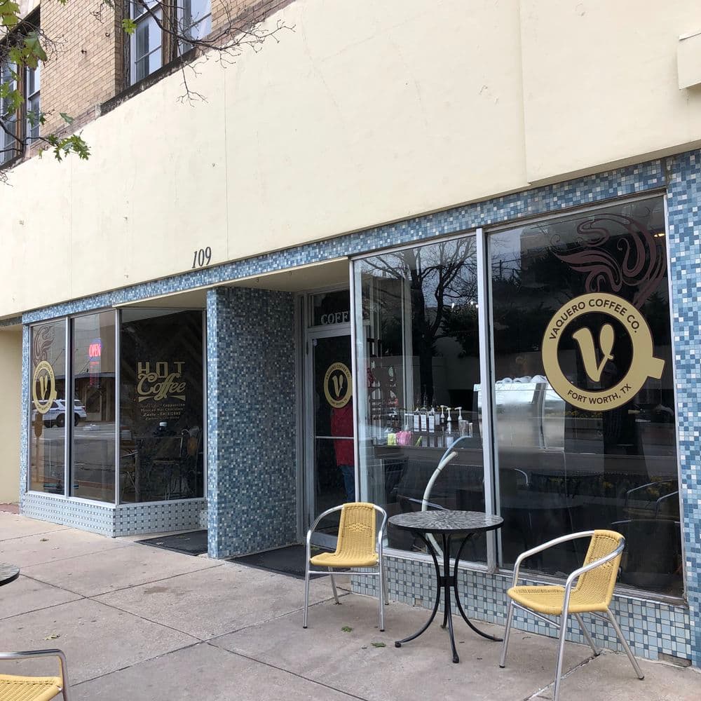 Vaquero Coffee Co storefront in Fort Worth, TX with modern design and outdoor seating.
